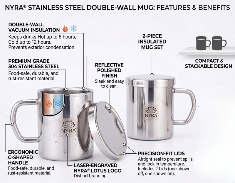 NYRA® Stainless Steel Double Walled Insulated Cup – 300 ML | Coffee and Tea Mug with Lid and Handle | Hotel | Home | Restaurant | Multipurpose Mug (Set of 2 Pcs) - Image 3
