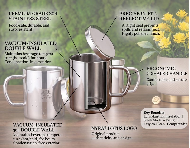 NYRA® Stainless Steel Double Walled Insulated Cup – 300 ML | Coffee and Tea Mug with Lid and Handle | Hotel | Home | Restaurant | Multipurpose Mug (Set of 2 Pcs) - Image 4