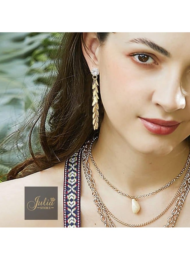 Julia Store 18K Gold Plated Bohemia Ethnic Vintage Zircon Wheat Leaf Tassel Long Earrings Elegant Gift For Girls Women By Julia Store  - Image 3