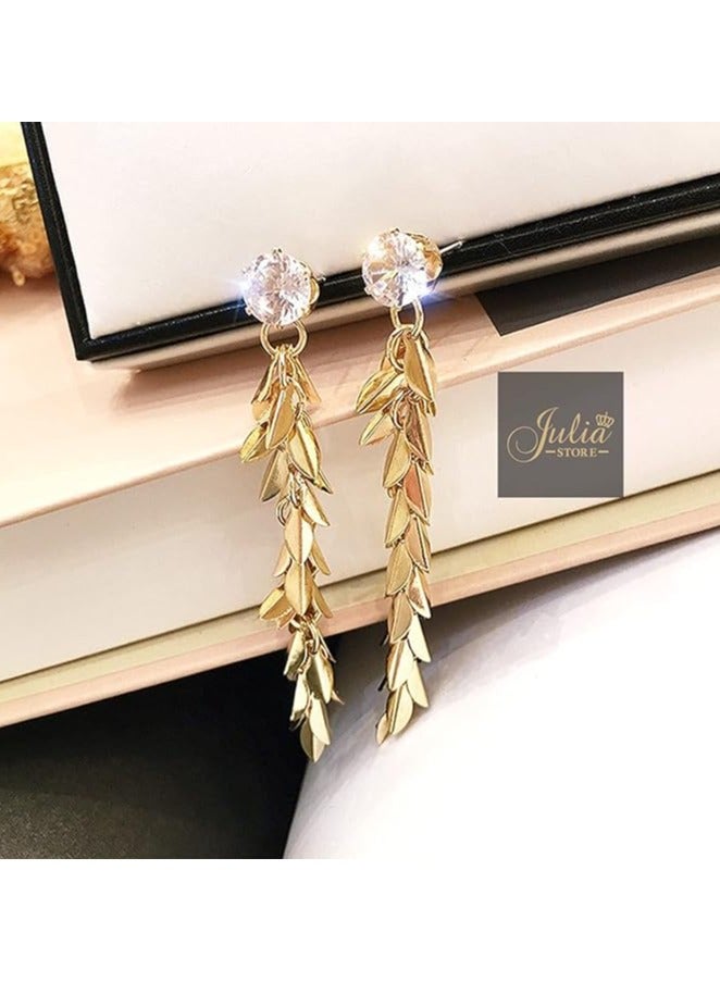 Julia Store 18K Gold Plated Bohemia Ethnic Vintage Zircon Wheat Leaf Tassel Long Earrings Elegant Gift For Girls Women By Julia Store  - Image 4