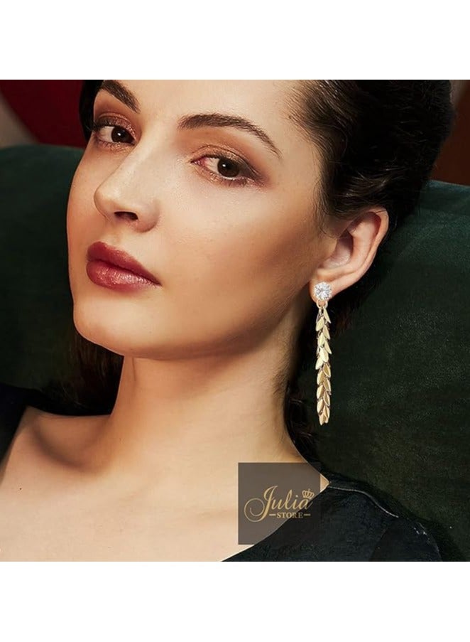Julia Store 18K Gold Plated Bohemia Ethnic Vintage Zircon Wheat Leaf Tassel Long Earrings Elegant Gift For Girls Women By Julia Store  - Image 5