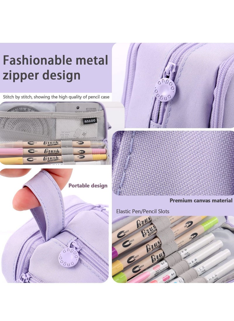 SYOSI - Large Capacity Pencil Case, Big Pen Pencil Pouch with 4 Compartments & Zipper Portable Handle, Aesthetic Pencil Case Stationery Organizer for Office College School Teen Men Women (Purple) - Image 1