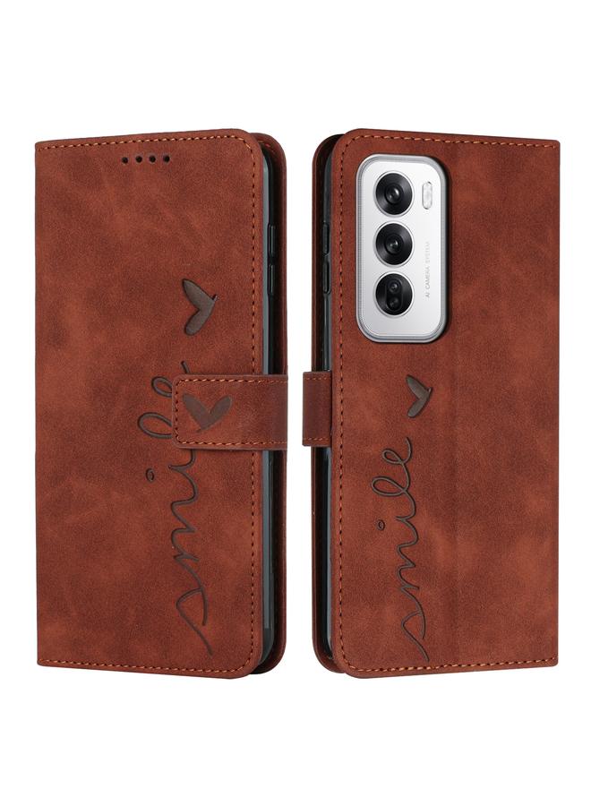 Green Tiger For OPPO Reno12 5G Global Skin Feel Heart Embossed Leather Phone Case with Long Lanyard(Brown)