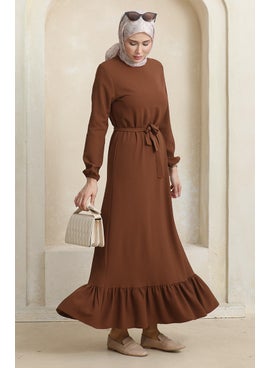 Sefa Merve Elasticated Sleeve Belted Dress 1015-03 Brown  - Image 2