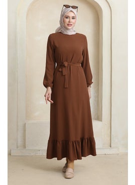 Sefa Merve Elasticated Sleeve Belted Dress 1015-03 Brown  - Image 3