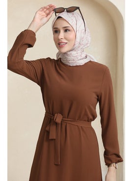 Sefa Merve Elasticated Sleeve Belted Dress 1015-03 Brown  - Image 4