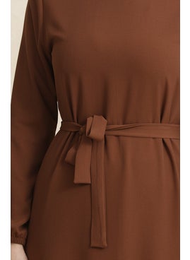 Sefa Merve Elasticated Sleeve Belted Dress 1015-03 Brown  - Image 5