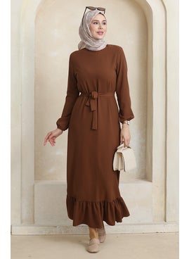 Sefa Merve Elasticated Sleeve Belted Dress 1015-03 Brown  - Image 1