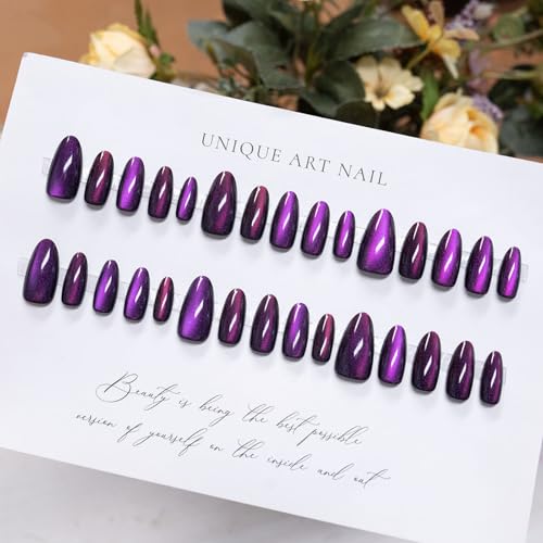 XFSAFDM Metallic Purple False Nails Almond, Cat Eye Press On Nails, Chrome Press On Nails Medium, Glazed Shine Fake Nails With Mirror Effect, Acrylic Stick On Nails For Women - Image 3