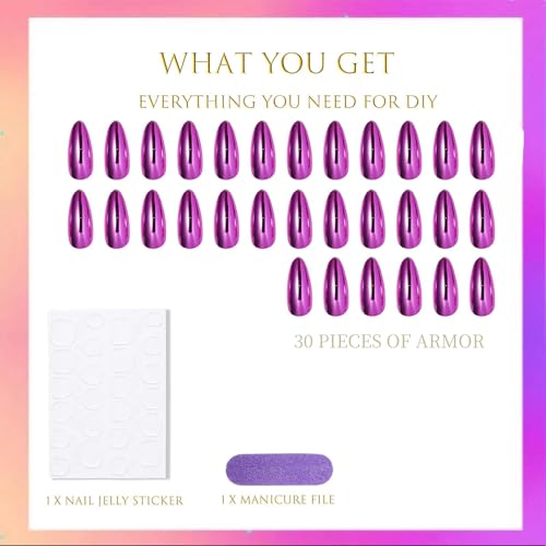 XFSAFDM Metallic Purple False Nails Almond, Cat Eye Press On Nails, Chrome Press On Nails Medium, Glazed Shine Fake Nails With Mirror Effect, Acrylic Stick On Nails For Women - Image 2