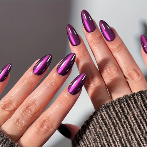 XFSAFDM Metallic Purple False Nails Almond, Cat Eye Press On Nails, Chrome Press On Nails Medium, Glazed Shine Fake Nails With Mirror Effect, Acrylic Stick On Nails For Women - Image 1