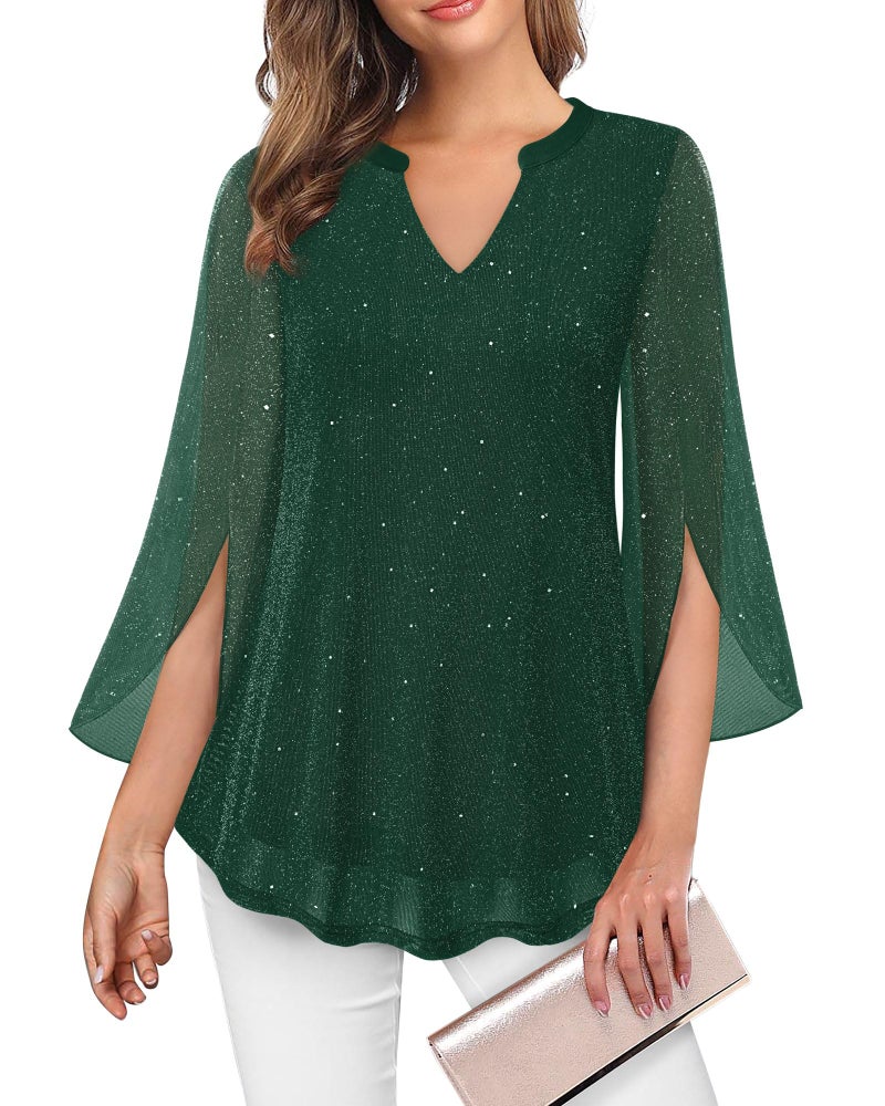 VALOLIA Womens Blouses Dressy Casual: Christmas - Tunic Tops for Women Loose Fit Dressy - Flowy Winter Blouses Plus Size Evening Party Tops for Women Sparkly Green Medium - Image 1