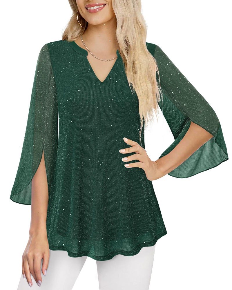 VALOLIA Womens Blouses Dressy Casual: Christmas - Tunic Tops for Women Loose Fit Dressy - Flowy Winter Blouses Plus Size Evening Party Tops for Women Sparkly Green Medium - Image 2