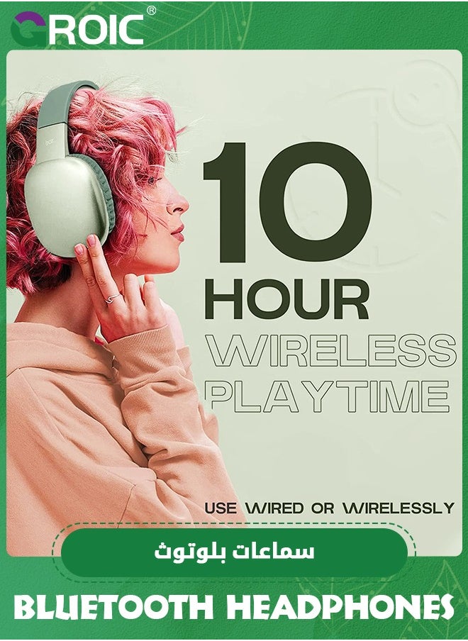 GROIC - The Wireless Headphones with Microphone, Green Rechargeable Over Ear Wireless Bluetooth Headphones with 10Hr Playtime, SD Slot, Backup Wire, Soft Cushion Wireless Headset with Mic - Image 1