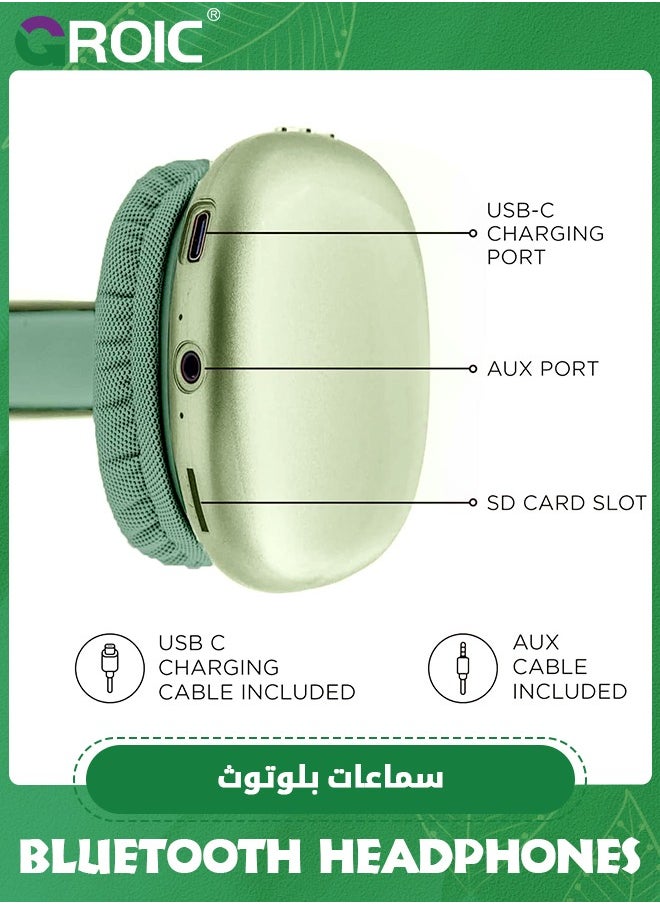 GROIC - The Wireless Headphones with Microphone, Green Rechargeable Over Ear Wireless Bluetooth Headphones with 10Hr Playtime, SD Slot, Backup Wire, Soft Cushion Wireless Headset with Mic - Image 1