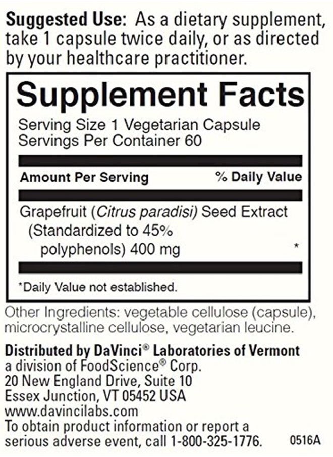 Davinci Davinci Laboratories Grapefruit Seed Extract - 400 mg - 60 Vegetarian Capsules  - Image 3