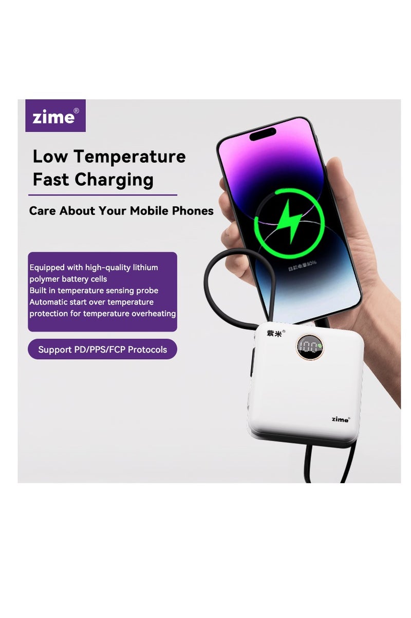 zime باور بانك زيم E28C، 10,000 مللي أمبير، شاحن محمول سريع 22.5 واط كحد أقصى مع كابلات USB-C مدمجة وموصلات، 1 USB-C، 1 USB-L، حزمة بطارية لهواتف آيفون 16/15/14 وسلسلة جالاكسي والمزيد - Image 1