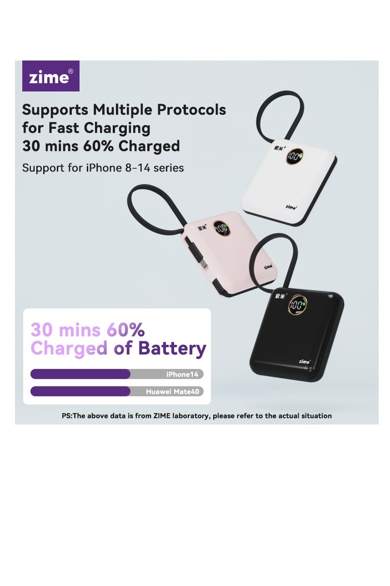 zime باور بانك زيم E28C، 10,000 مللي أمبير، شاحن محمول سريع 22.5 واط كحد أقصى مع كابلات USB-C مدمجة وموصلات، 1 USB-C، 1 USB-L، حزمة بطارية لهواتف آيفون 16/15/14 وسلسلة جالاكسي والمزيد - Image 2