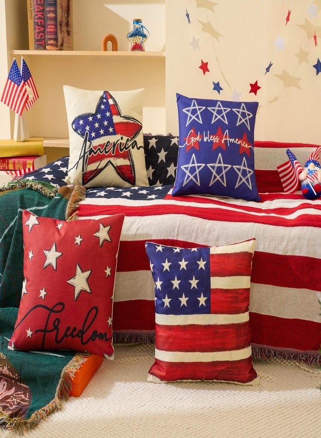 Hongsome Patriotic Decor-Throw Pillow Covers 18x18in Set of 4,4th of July Linen Pillow Case for Independence Day,Memorial Day,Veteran's Day,USA,American Summer Outdoor Red White Blue Decorations - Image 2