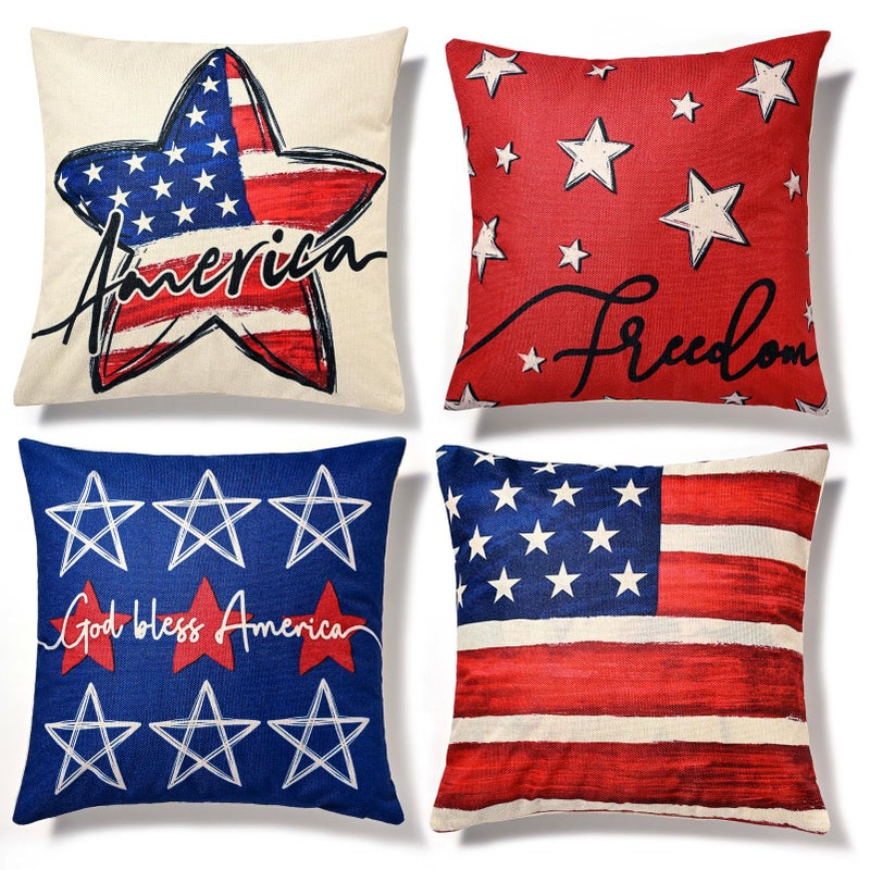 Hongsome Patriotic Decor-Throw Pillow Covers 18x18in Set of 4,4th of July Linen Pillow Case for Independence Day,Memorial Day,Veteran's Day,USA,American Summer Outdoor Red White Blue Decorations - Image 1