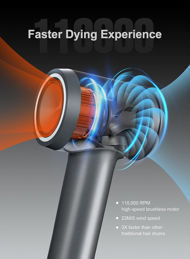 KinseiBeauty Professional High-Speed Hair Dryer, 110,000RPM Brushless Motor Fast Dry Negative Ionic Hair Dryer, Low Noise Thermo-Control Hairdryer with Magnetic Nozzle HD Display for Home Travel  - Image 3