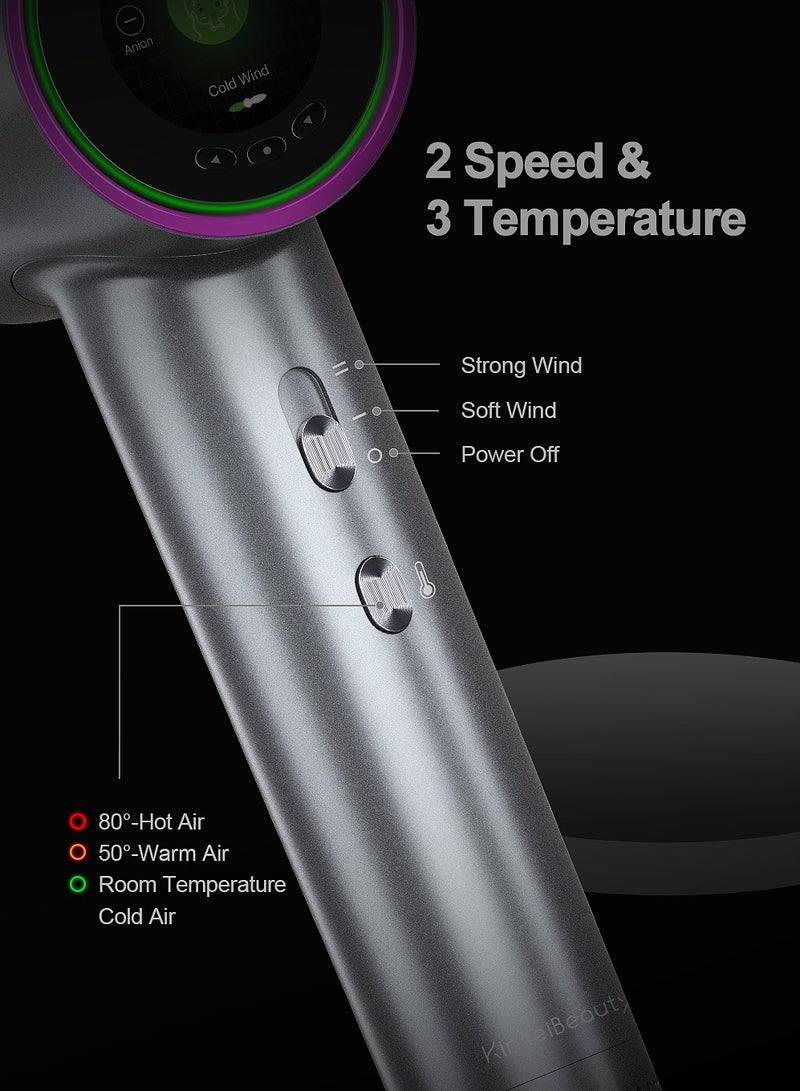 KinseiBeauty Professional High-Speed Hair Dryer, 110,000RPM Brushless Motor Fast Dry Negative Ionic Hair Dryer, Low Noise Thermo-Control Hairdryer with Magnetic Nozzle HD Display for Home Travel  - Image 4