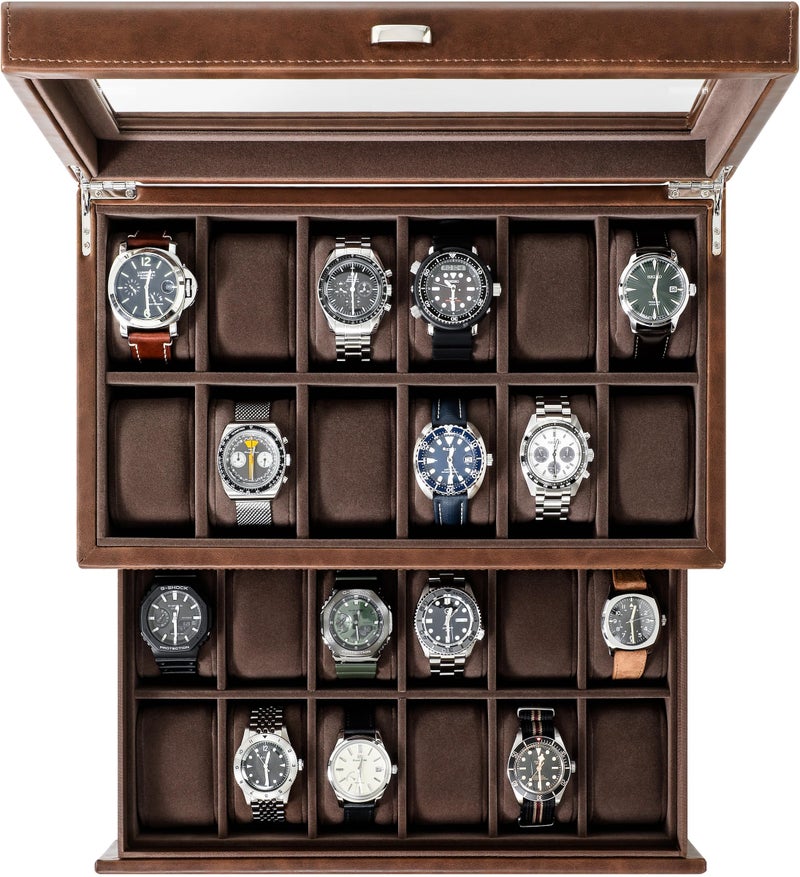TAWBURY 24 Slot Watch Box for Men  DoubleLayer Design for Optimized Storage Brown