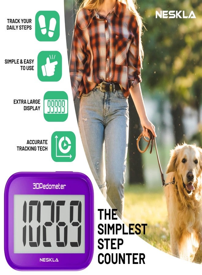 NESKLA 3D Pedometer for Walking, Simple Step Counter with Large Digital Display, Step Tracker with Removable Clip Lanyard, Accurately Track Steps for Men Women Kids Adults Seniors-Purple - Image 2