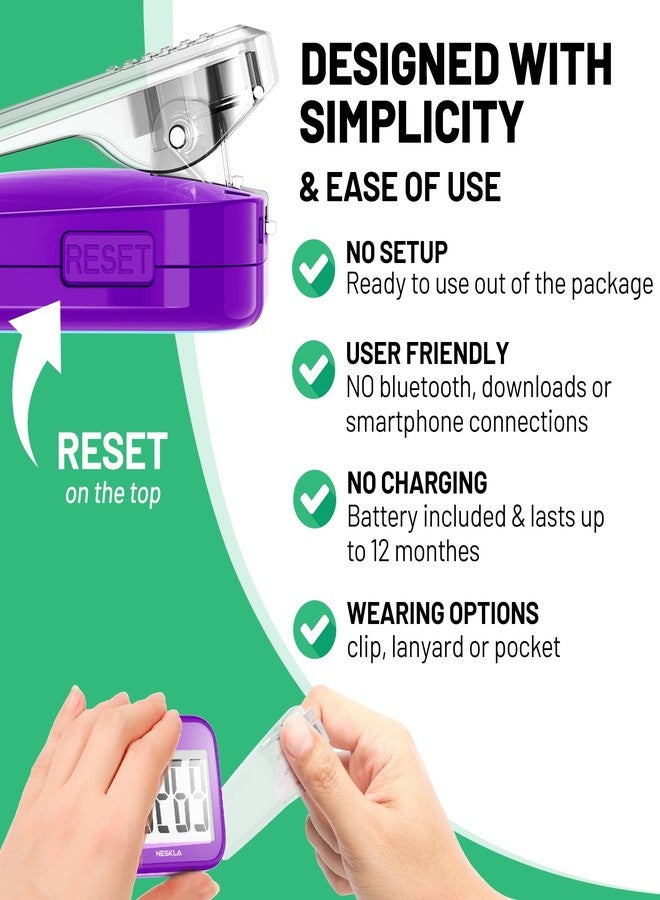 NESKLA 3D Pedometer for Walking, Simple Step Counter with Large Digital Display, Step Tracker with Removable Clip Lanyard, Accurately Track Steps for Men Women Kids Adults Seniors-Purple - Image 3
