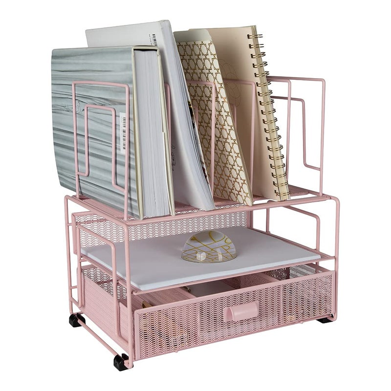 BLU MONACO Pink Desk Organizer with File Sorters  Drawer  Workspace Organizer for Office Supplies Paper Devices  Folders