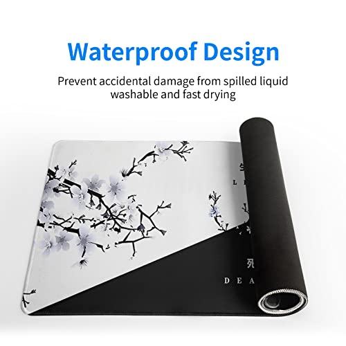 Siski Black and White Japanese Cherry Blossom Gaming Mouse Pad Sakura Death Life Flower Mat 31.5x11.8 Inch Texture Non-Slip Rubber Base Mousepad Stitched Edges Keyboard Desk Pad for Office Home Game - Image 4