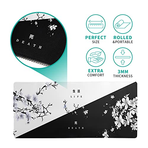 Siski Black and White Japanese Cherry Blossom Gaming Mouse Pad Sakura Death Life Flower Mat 31.5x11.8 Inch Texture Non-Slip Rubber Base Mousepad Stitched Edges Keyboard Desk Pad for Office Home Game - Image 5