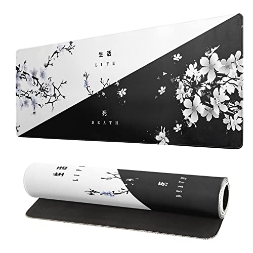 Siski Black and White Japanese Cherry Blossom Gaming Mouse Pad Sakura Death Life Flower Mat 31.5x11.8 Inch Texture Non-Slip Rubber Base Mousepad Stitched Edges Keyboard Desk Pad for Office Home Game - Image 1