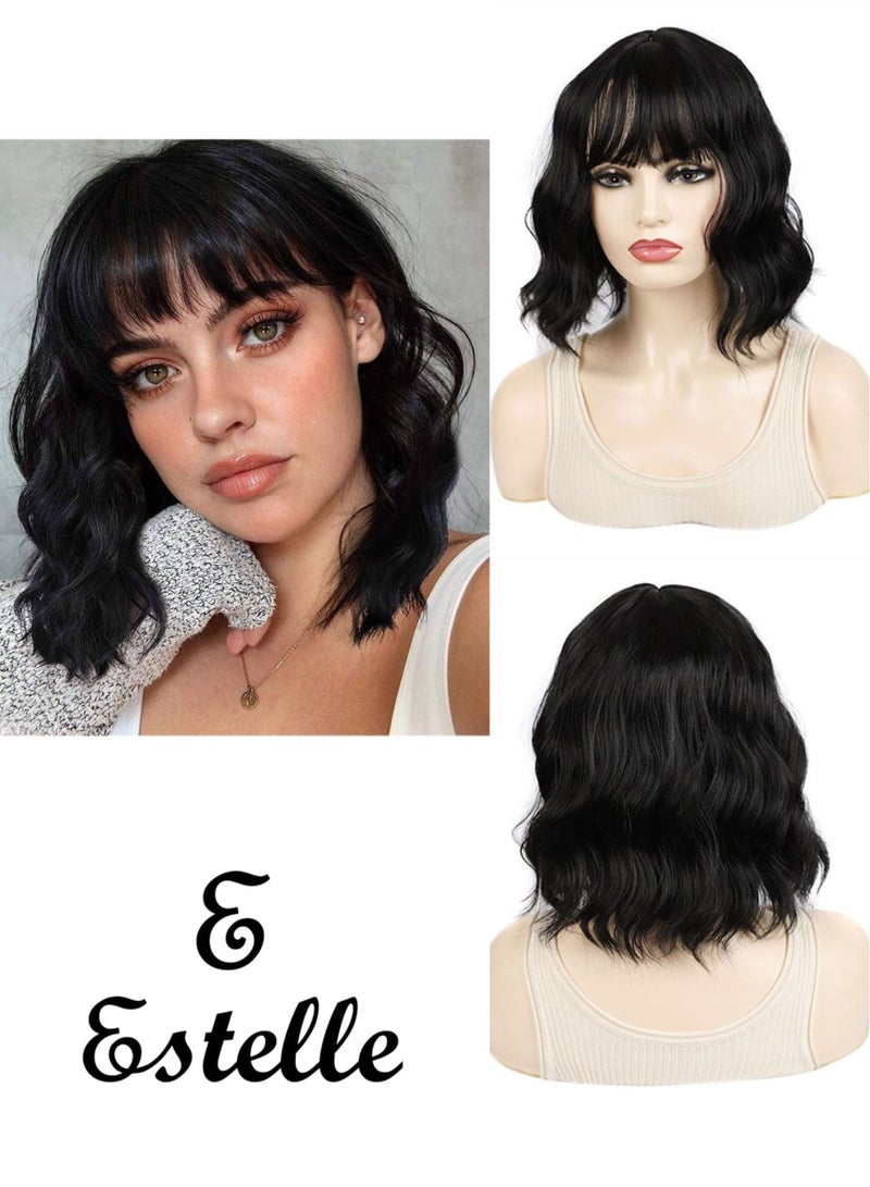 Estelle Water Ripple Wig Headgear Colorful Daily Style Short Hair Fluffy Thin Bangs Wig Headgear Short Curly Hair Wig Black - Image 1