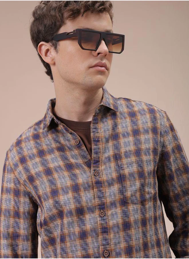 The Indian Garage Co Men Slim Fit Checkered Full Sleeves Cutaway Collar Casual Shirt