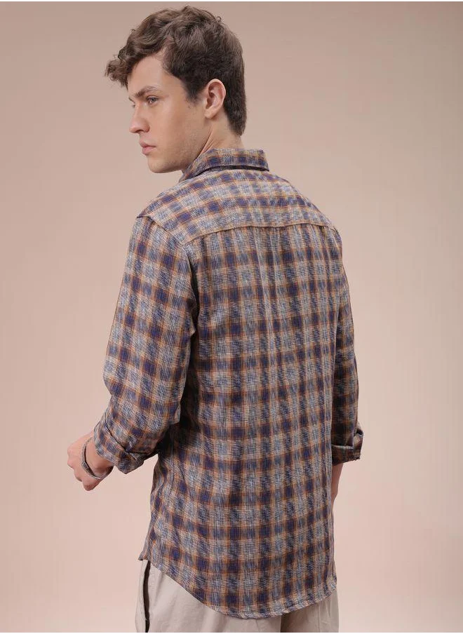 The Indian Garage Co Men Slim Fit Checkered Full Sleeves Cutaway Collar Casual Shirt