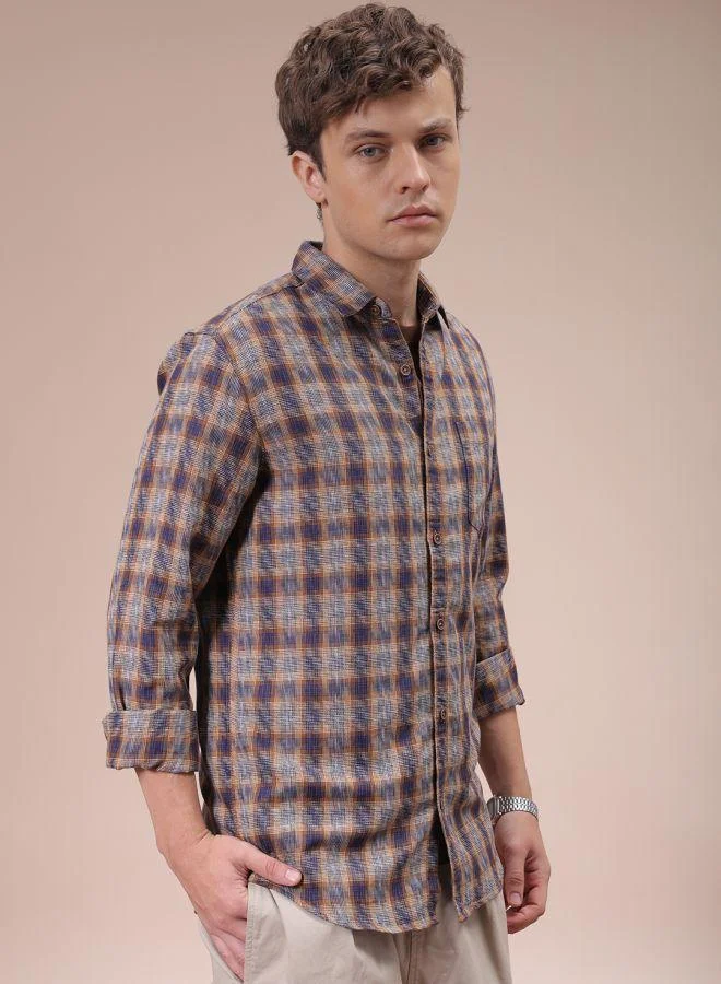 The Indian Garage Co Men Slim Fit Checkered Full Sleeves Cutaway Collar Casual Shirt