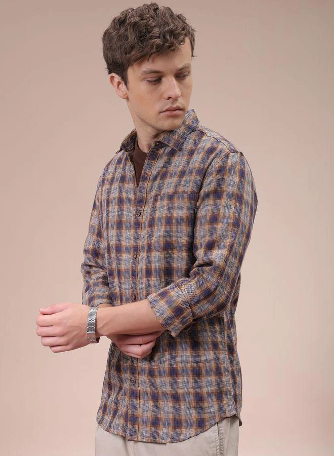 The Indian Garage Co Men Slim Fit Checkered Full Sleeves Cutaway Collar Casual Shirt