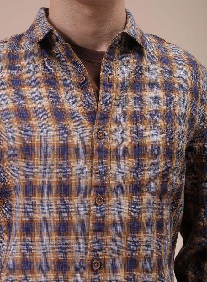 The Indian Garage Co Men Slim Fit Checkered Full Sleeves Cutaway Collar Casual Shirt