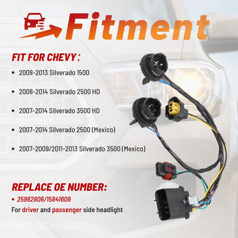RED WOLF 645-745 Headlight Wiring Harness Socket Fit for 2007-2014 Chevy Silverado GMC Sierra 1500 2500 3500HD, Replace OEM 645745 15841609 25962806 Headlamp LED Bulb Plug Retrofit Adapter - Image 3