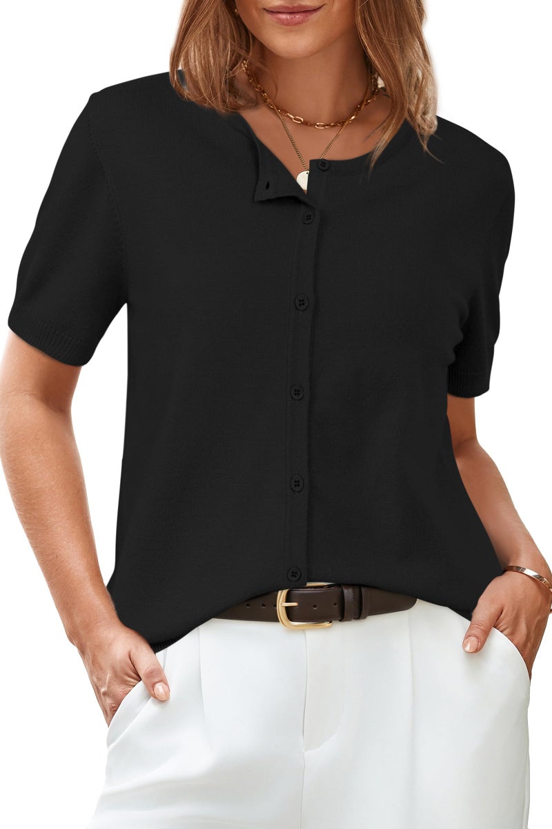 Arach&Cloz Womens Fashion Summer Short Sleeve Cropped Cardigan 2026 Spring Lightweight Button Down Tops Crew Neck Bolero Shrug Business Casual Outfits Work Trendy Black L - Image 1