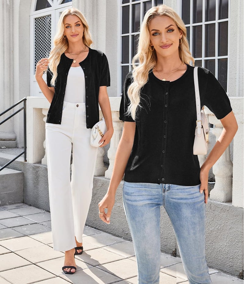 Arach&Cloz Womens Fashion Summer Short Sleeve Cropped Cardigan 2026 Spring Lightweight Button Down Tops Crew Neck Bolero Shrug Business Casual Outfits Work Trendy Black L - Image 5