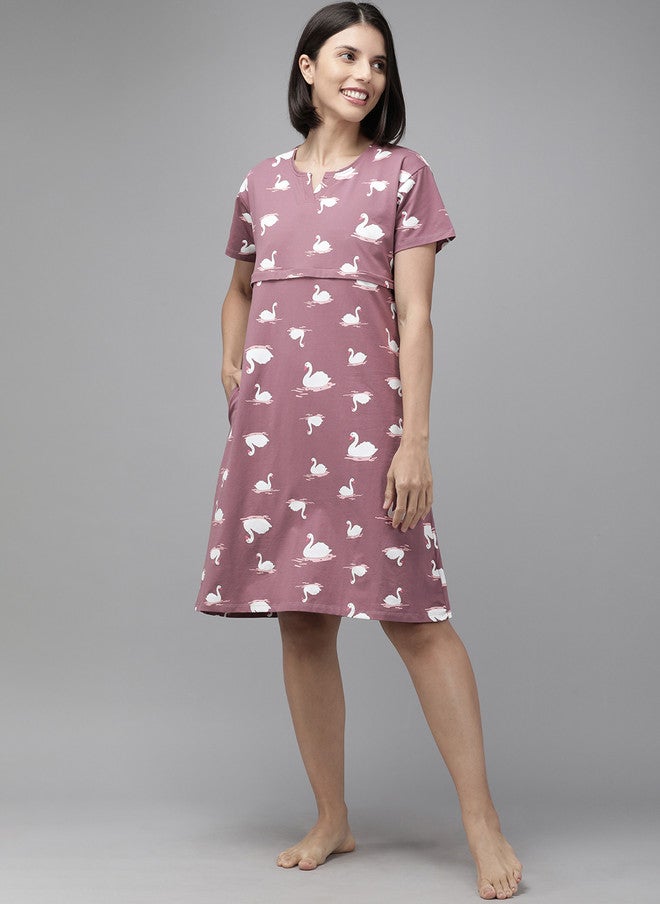 Zeyo Mauve & White Printed Cotton Maternity & Feeding Nightdress - Image 5