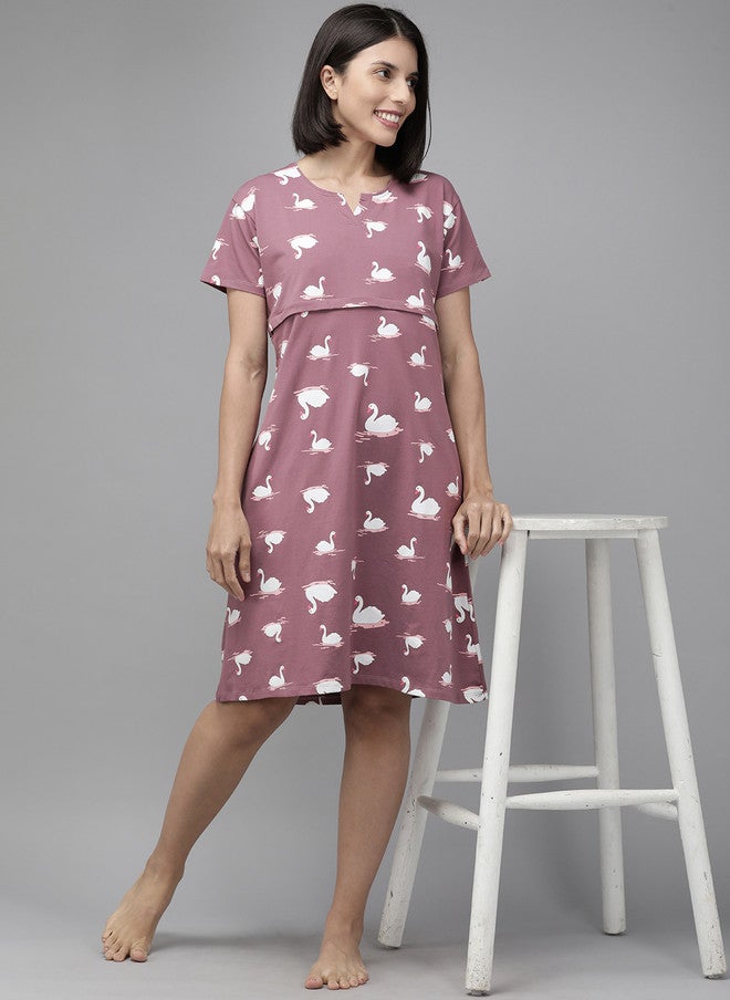 Zeyo Mauve & White Printed Cotton Maternity & Feeding Nightdress - Image 1