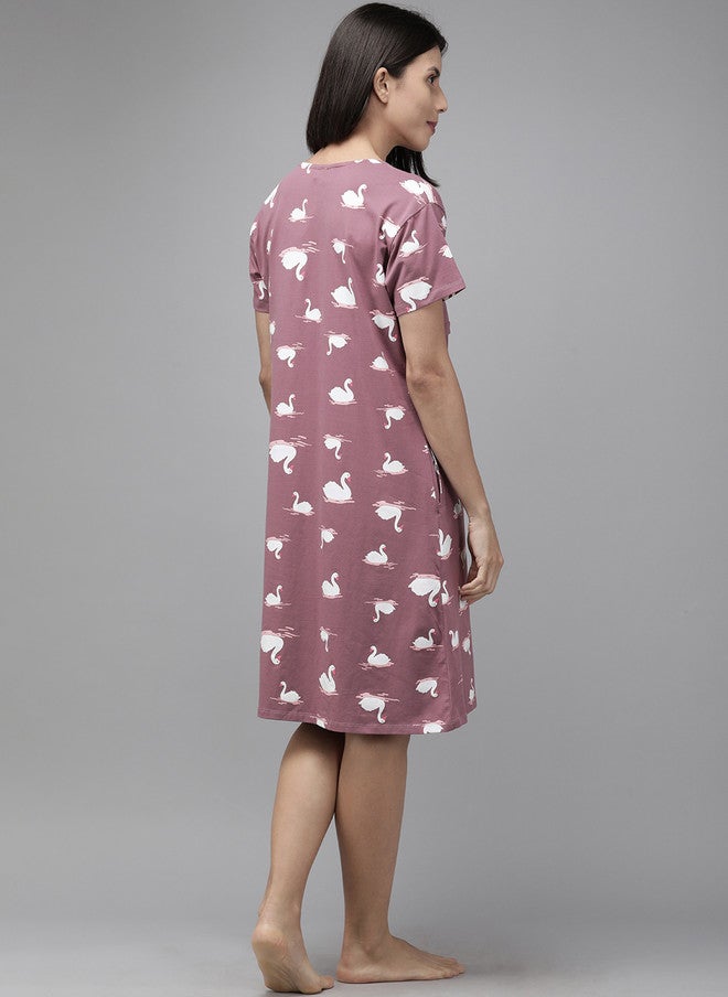 Zeyo Mauve & White Printed Cotton Maternity & Feeding Nightdress - Image 4