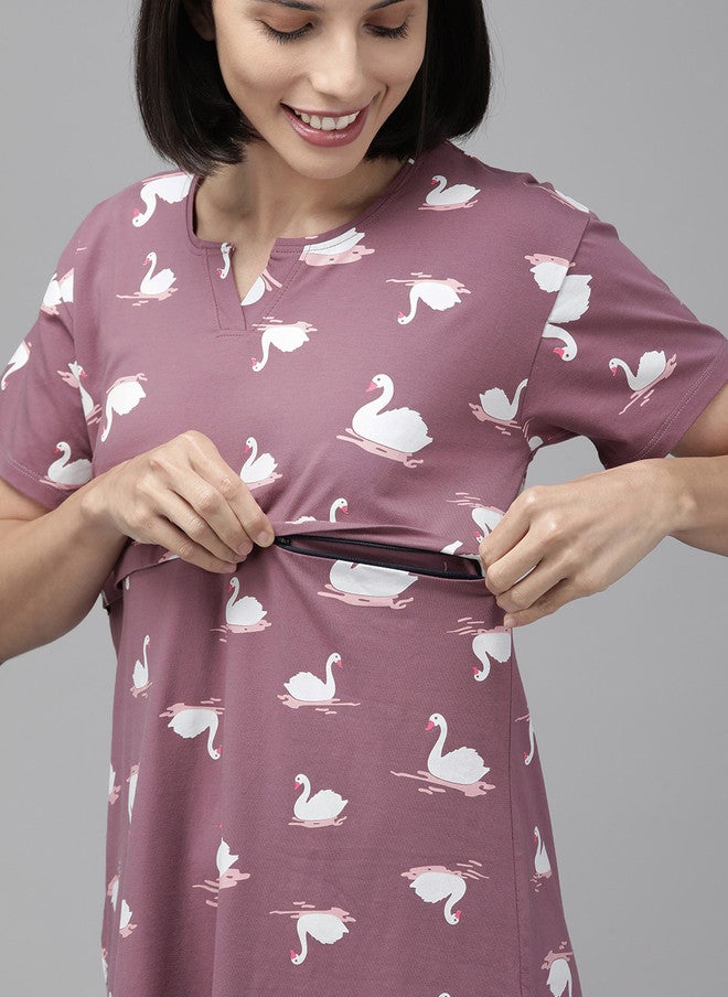 Zeyo Mauve & White Printed Cotton Maternity & Feeding Nightdress - Image 2