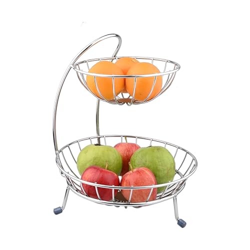 Homeor Stainless Steel 2-Tier Fruit & Vegetable Basket for Kitchen & Home, Chrome - Image 1