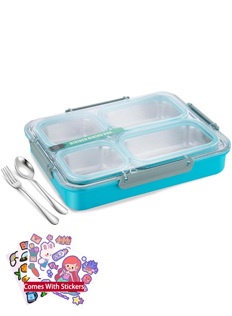 VUCATIN Large Bento Box Stainless Steel Lunch Box with 4 Compartments Reusable Lunch Food Container Set Meal Prep Containers for Adults Comes with Tableware and Cartoon Stickers (Blue 4 Compartment)  - Image 1