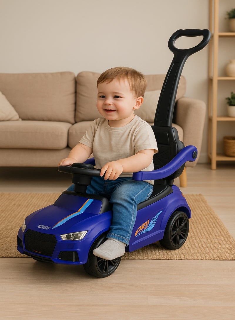 رالي سيارة ركوب أطفال صغيرة بتصميم رياضي أنيق – لون أزرق بعجلات سوداء، مزودة بمقود توجيه ومقبض دفع خلفي، مناسبة للأطفال - Image 3