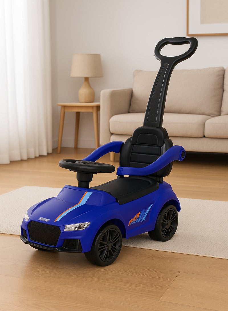 رالي سيارة ركوب أطفال صغيرة بتصميم رياضي أنيق – لون أزرق بعجلات سوداء، مزودة بمقود توجيه ومقبض دفع خلفي، مناسبة للأطفال - Image 1